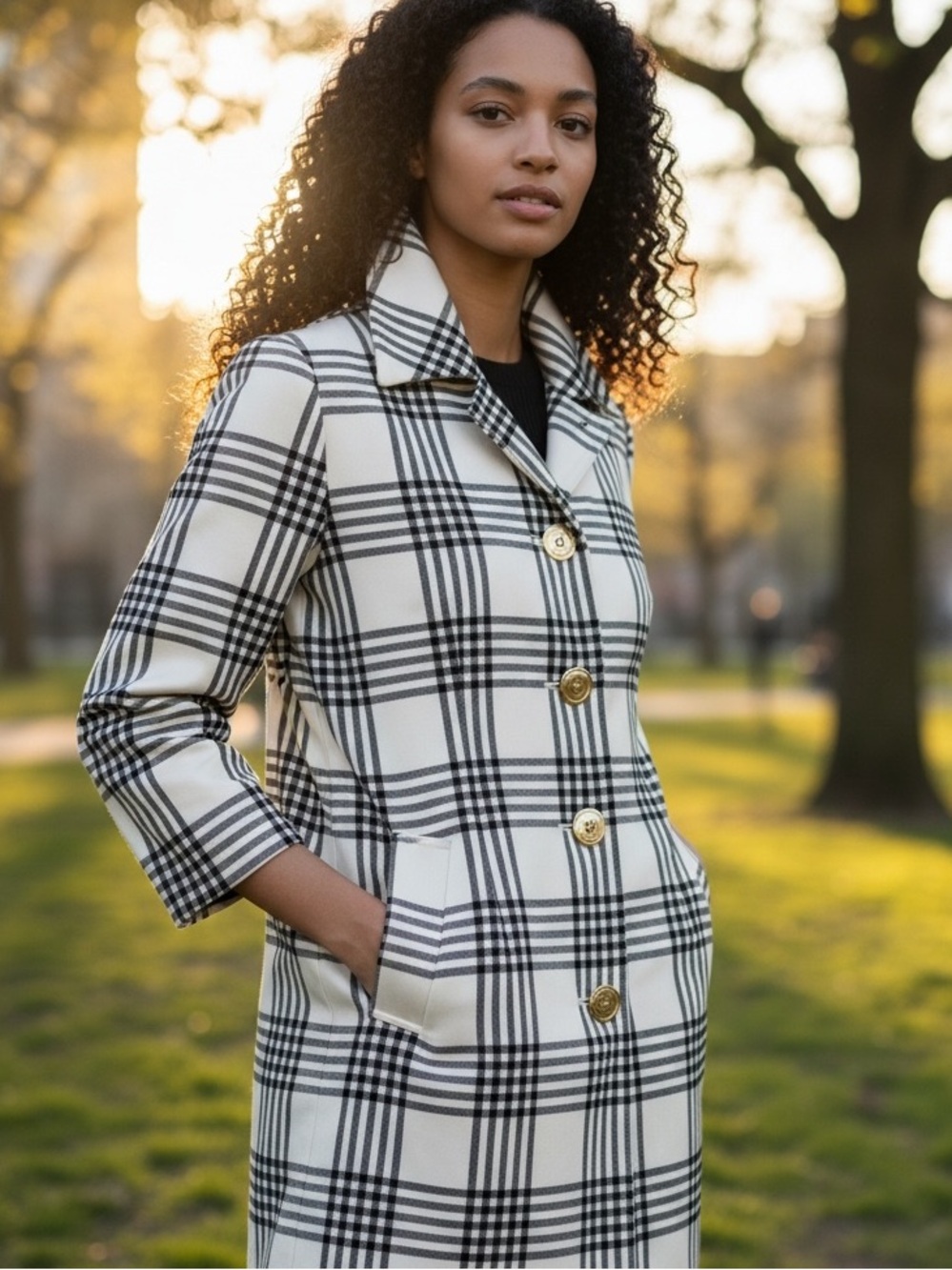 NWOT Y2K COVINGTON PLAID SATIN LIGHTWEIGHT JACKET CREAM & BLACK W 3/4 SLEEVES M